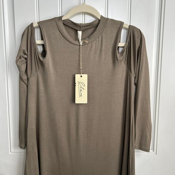 NWT Elan Soma Olive Dress S Cold Shoulder Flounce Relaxed Fit Stretch Casual - Picture 10 of 15